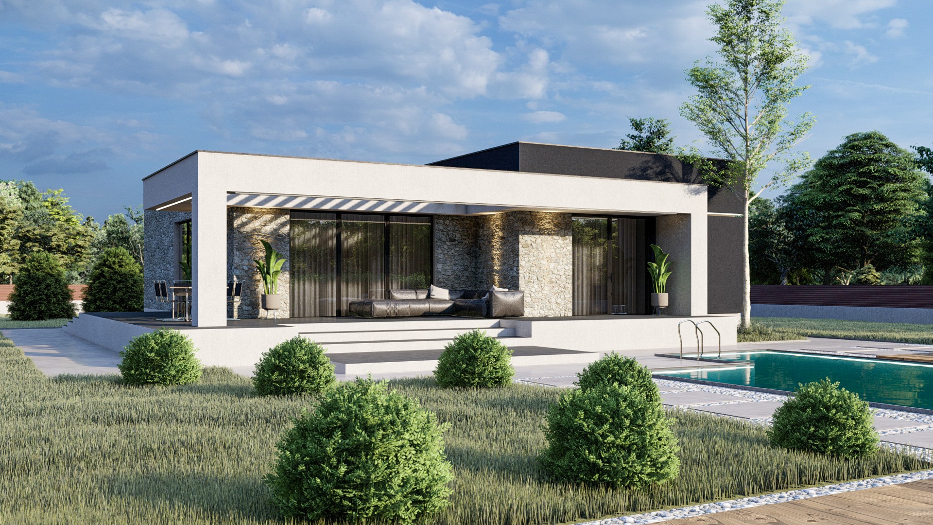 Lapos tetős ház medencével - 3D látványtervezés