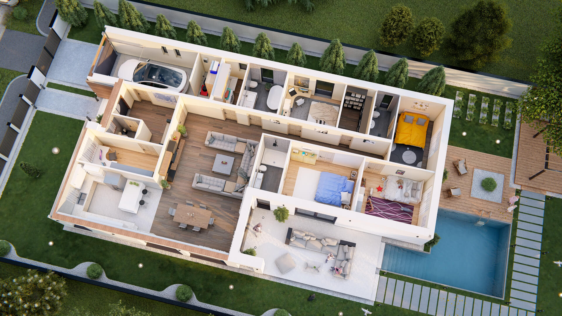Modern családi ház 3D alaprajz - Építészeti látványtervezés